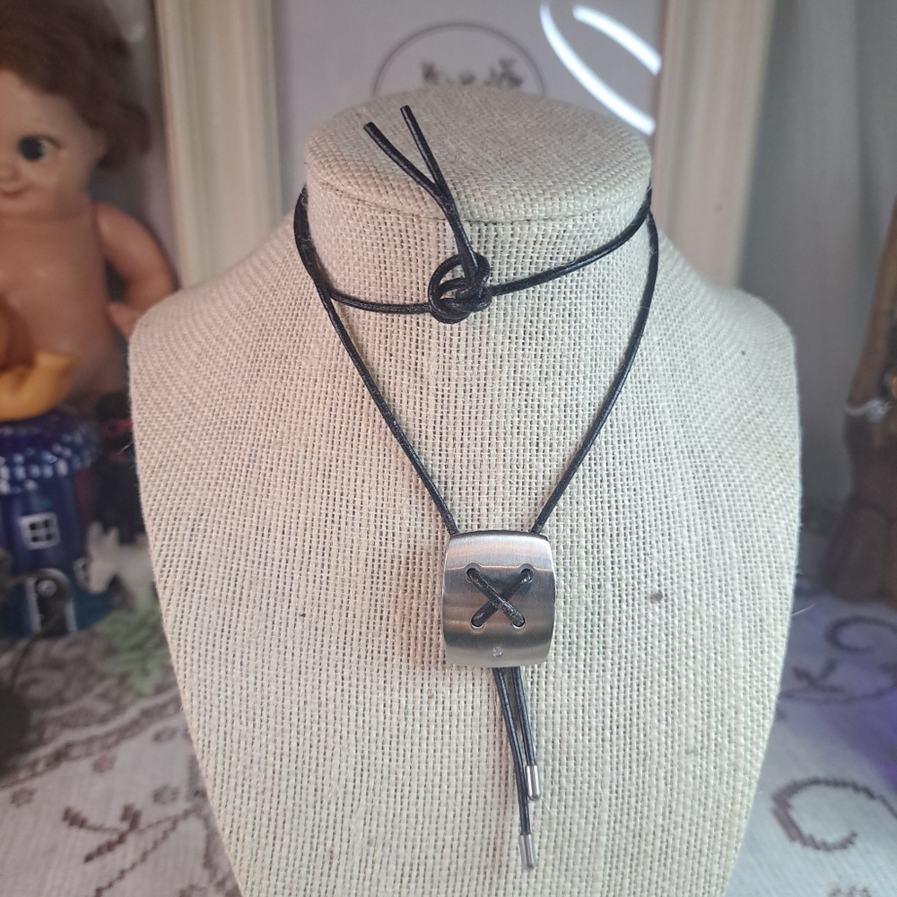 Black Leather Lariat Necklace with Silver Slider